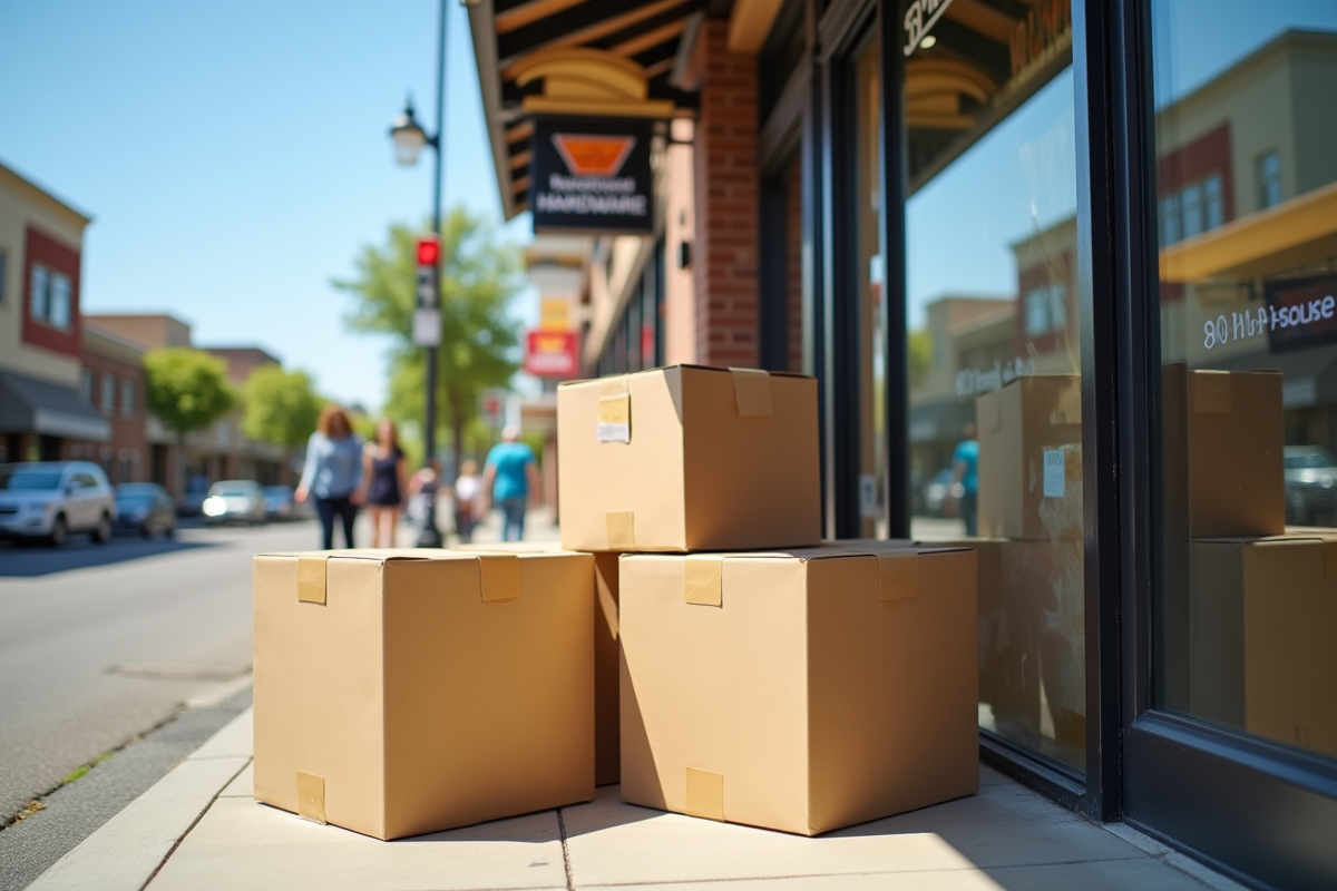 Caisses de déménagement vides devant un magasin de bricolage en plein air