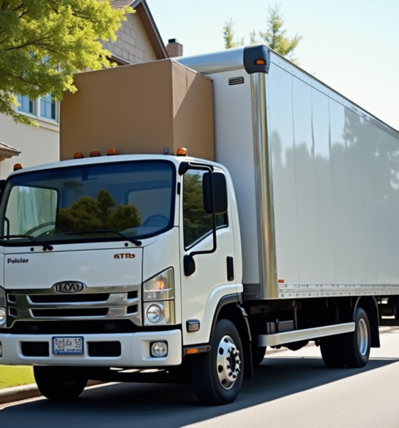 Camion de déménagement avec chargement de cartons en journée
