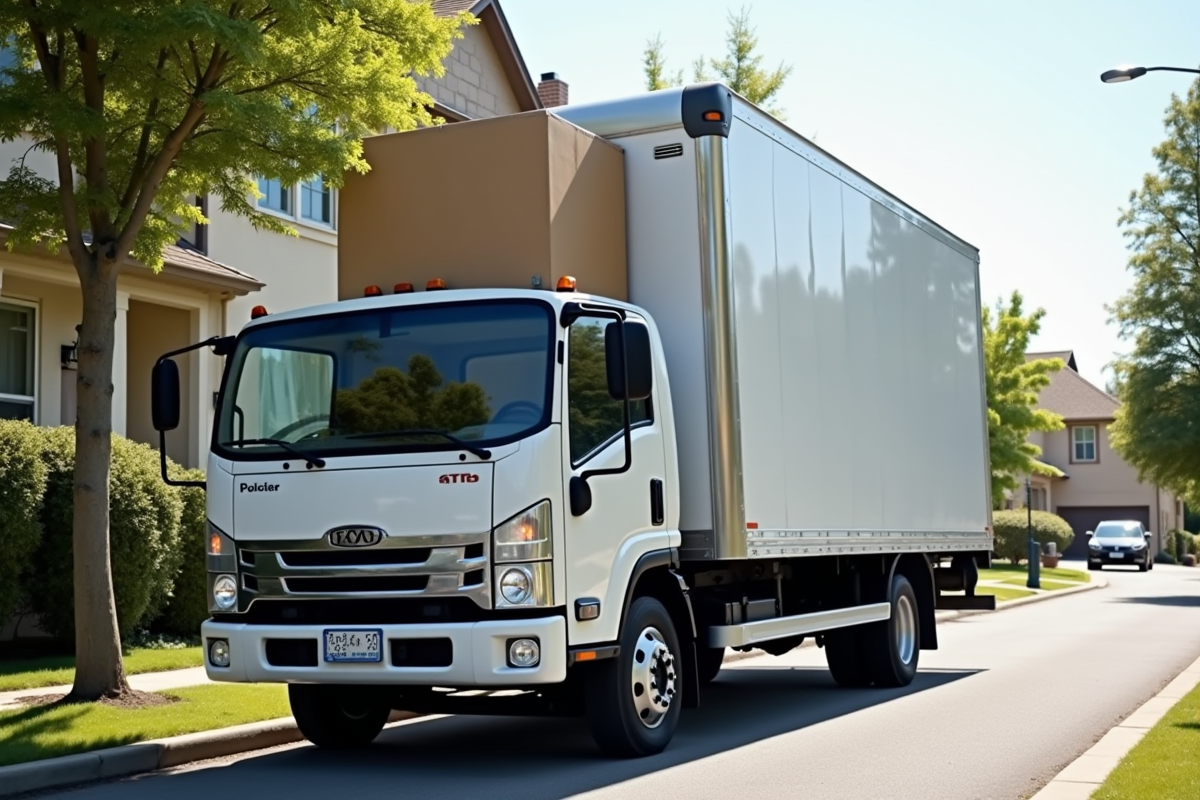 Camion de déménagement avec chargement de cartons en journée