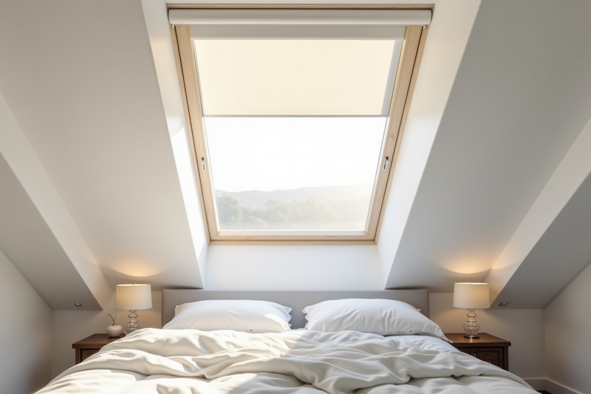 Chambre contemporaine avec Velux et lumière douce du matin