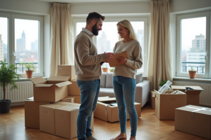 Couple d'adultes entre cartons dans un appartement lumineux