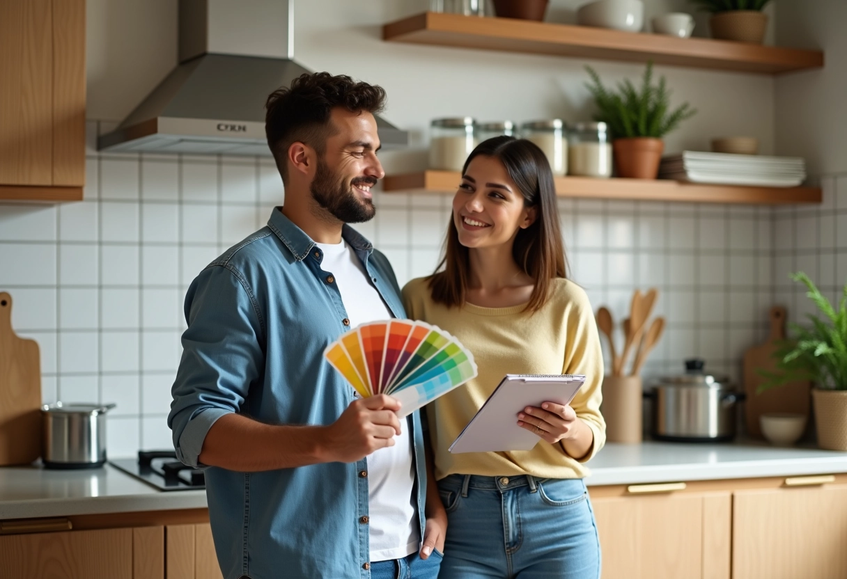 Jeune couple discutant avec échantillons de peinture dans la cuisine
