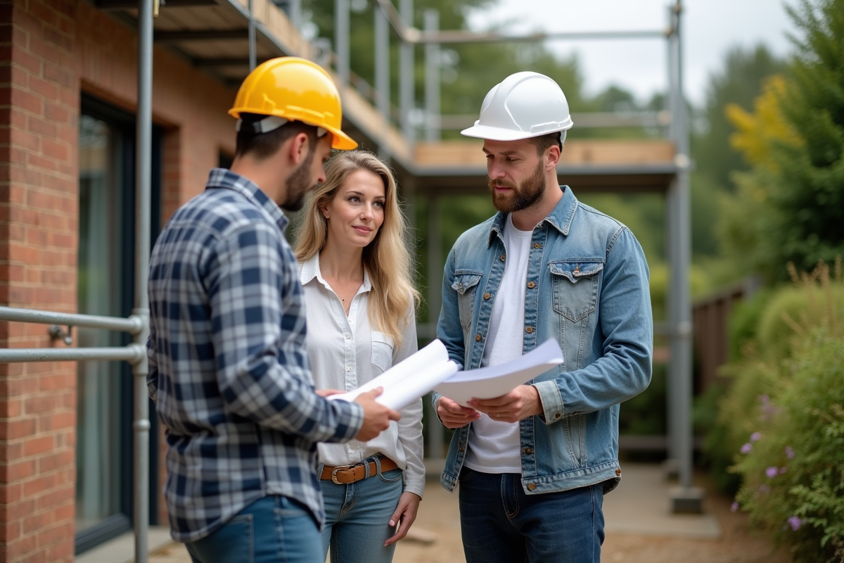 Couple discutant avec un entrepreneur sur un projet de maison