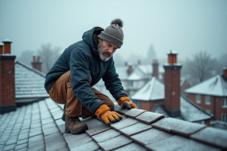 Ouvrier couvreur en hiver sur un toit enneige