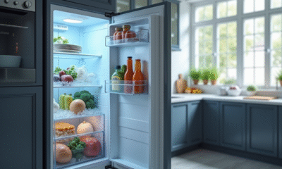 Cuisine moderne avec un congélateur ouvert et givre à l'intérieur
