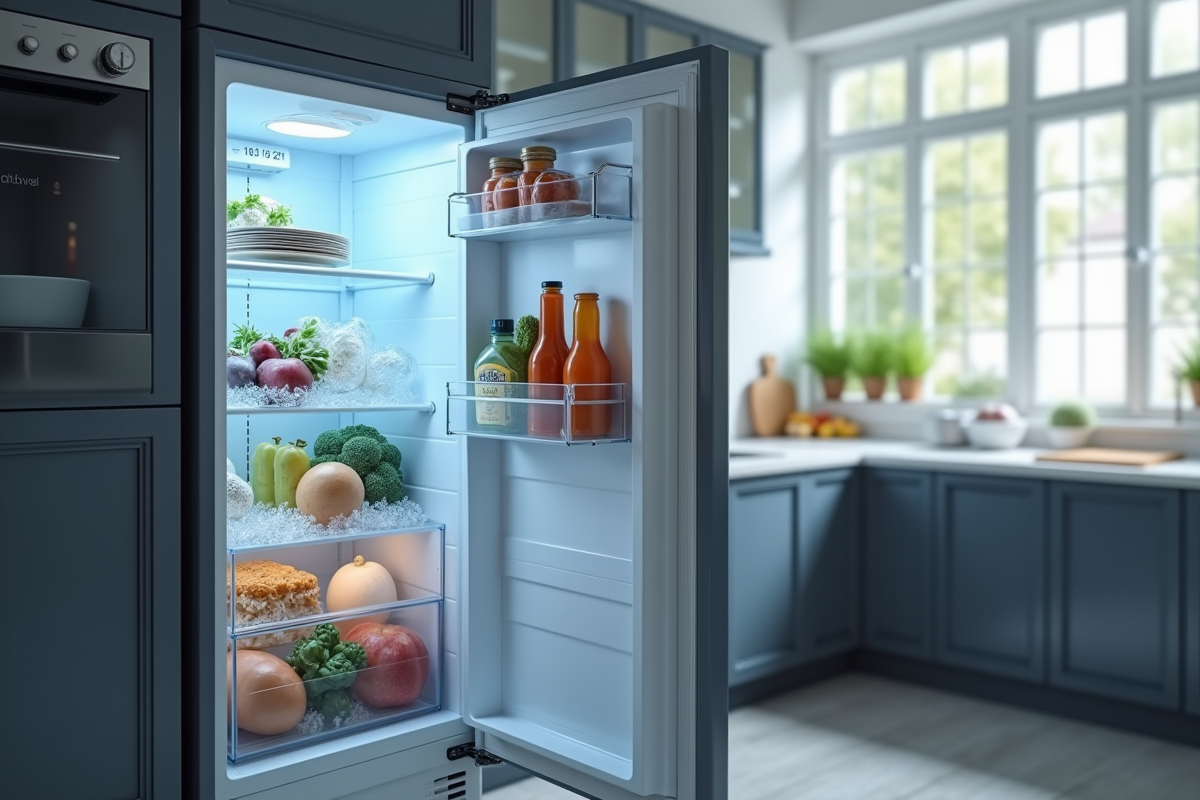 Cuisine moderne avec un congélateur ouvert et givre à l'intérieur