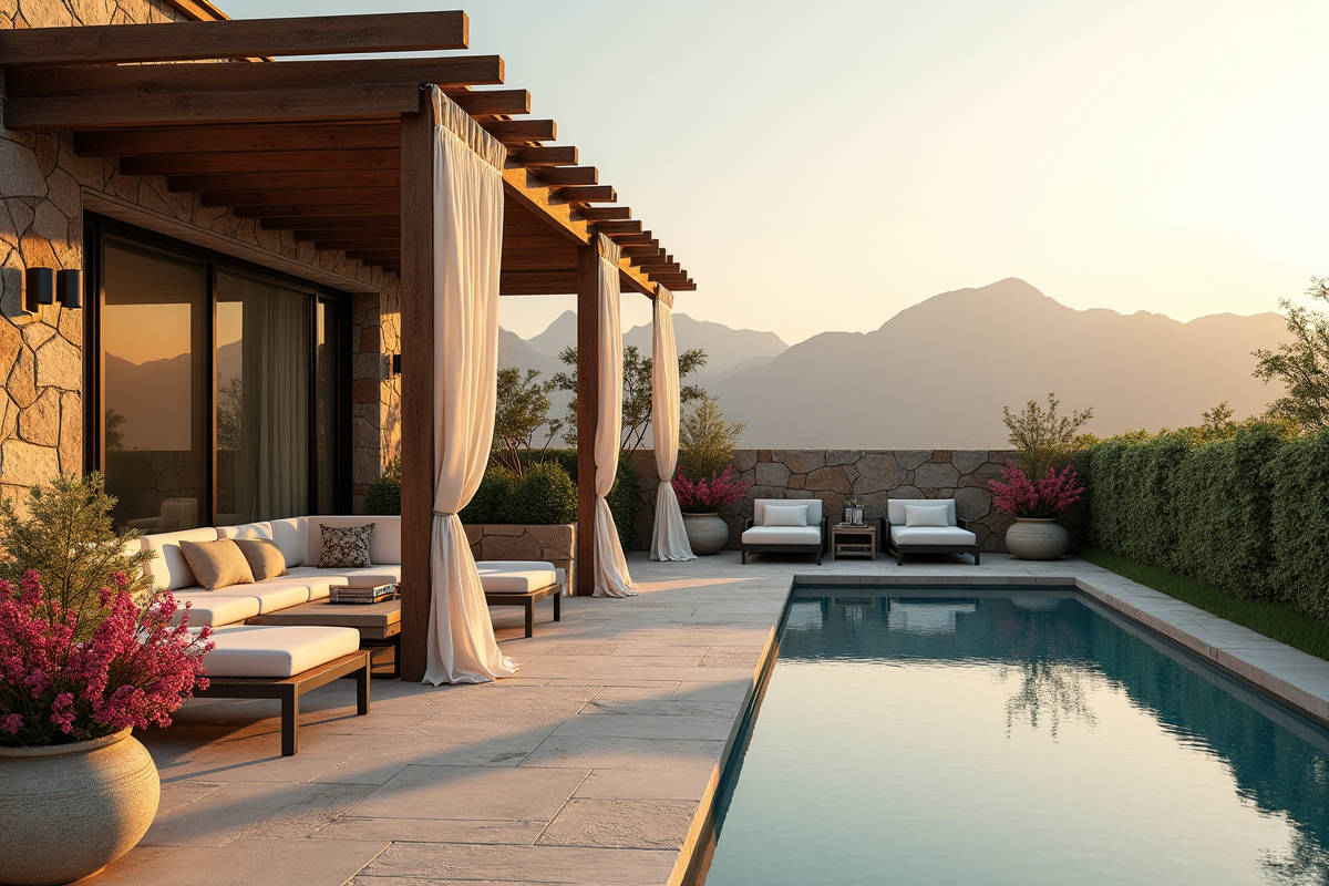 Terrasse en pierre avec mobilier design et fleurs colorées
