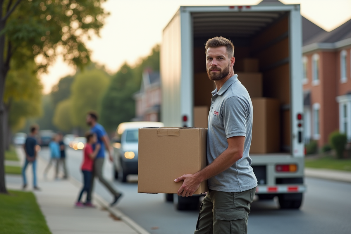 Jeune professionnel chargeant un carton dans un camion de déménagement