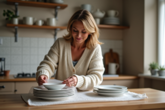 Femme enveloppant délicatement des assiettes en porcelaine dans une cuisine chaleureuse