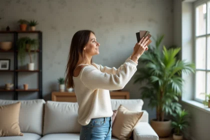 Femme tenant des échantillons de couleur dans un intérieur moderne