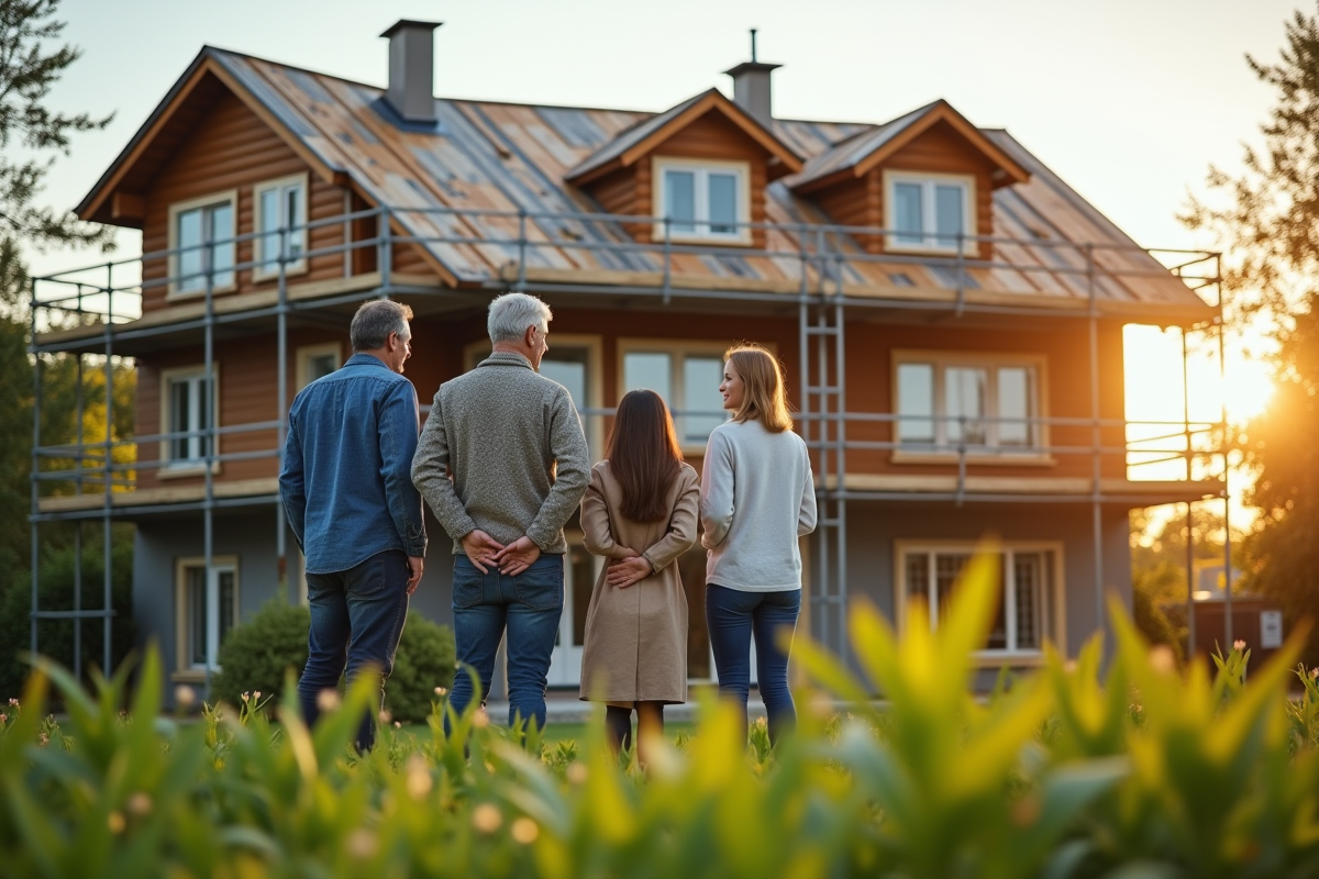 Famille discutant devant leur maison avec toiture en cours de rénovation