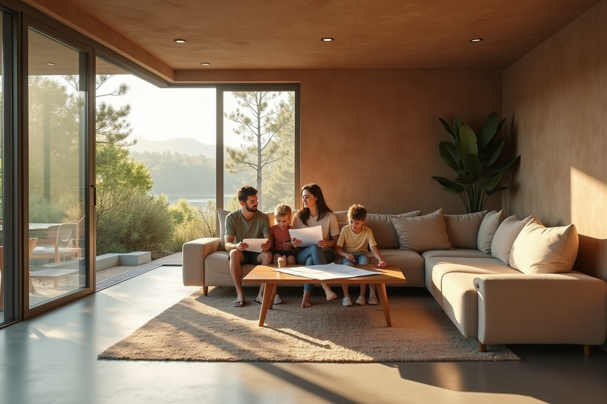 Famille dans salon avec matériaux naturels
