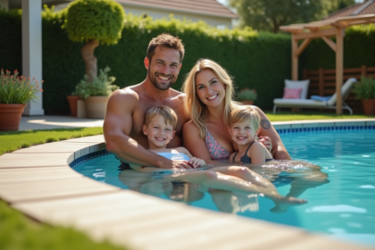 Famille relaxant au bord d'une piscine moderne dans un jardin