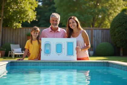 Famille souriante près d'une piscine d'été dans le jardin