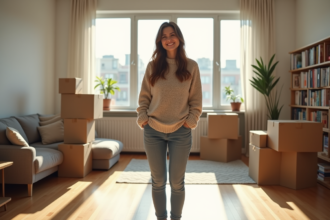 Jeune femme dans un salon lumineux avec cartons et livres