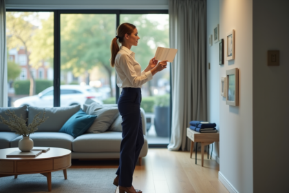 Femme en blouse crème et pantalon navy dans un salon moderne