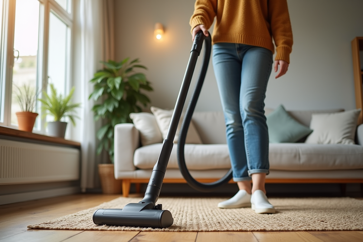 Femme utilisant un aspirateur sans sac dans un salon lumineux