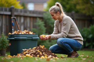 Femme en extérieur près d'un compost dans le jardin