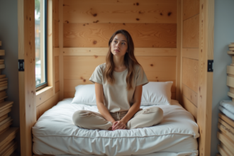 Jeune femme dans une caisse en bois en réflexion