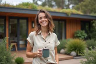Jeune femme souriante sur terrasse écologique