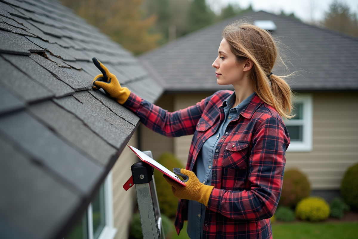 Femme pointant des tuiles endommagées sur le toit d