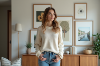 Femme en portrait devant un mur avec galerie d'art