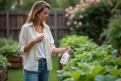 Femme inspectant ses plantes avec un spray insecticide naturel