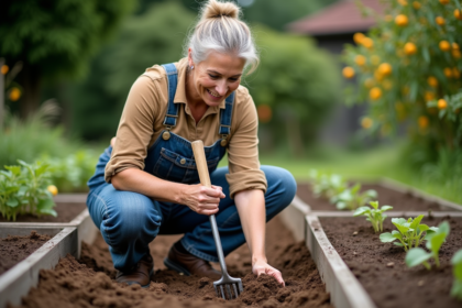 Femme en jardinage avec fourche dans un jardin luxuriant