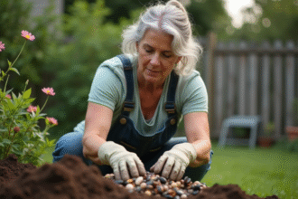 Femme en extérieur déposant coquilles mussels sur compost