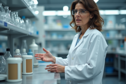 Femme en blouse blanche examinant des dispositifs de filtration en laboratoire