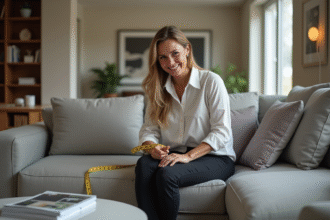 Femme mesurant la hauteur d'un canapé en sofa moderne