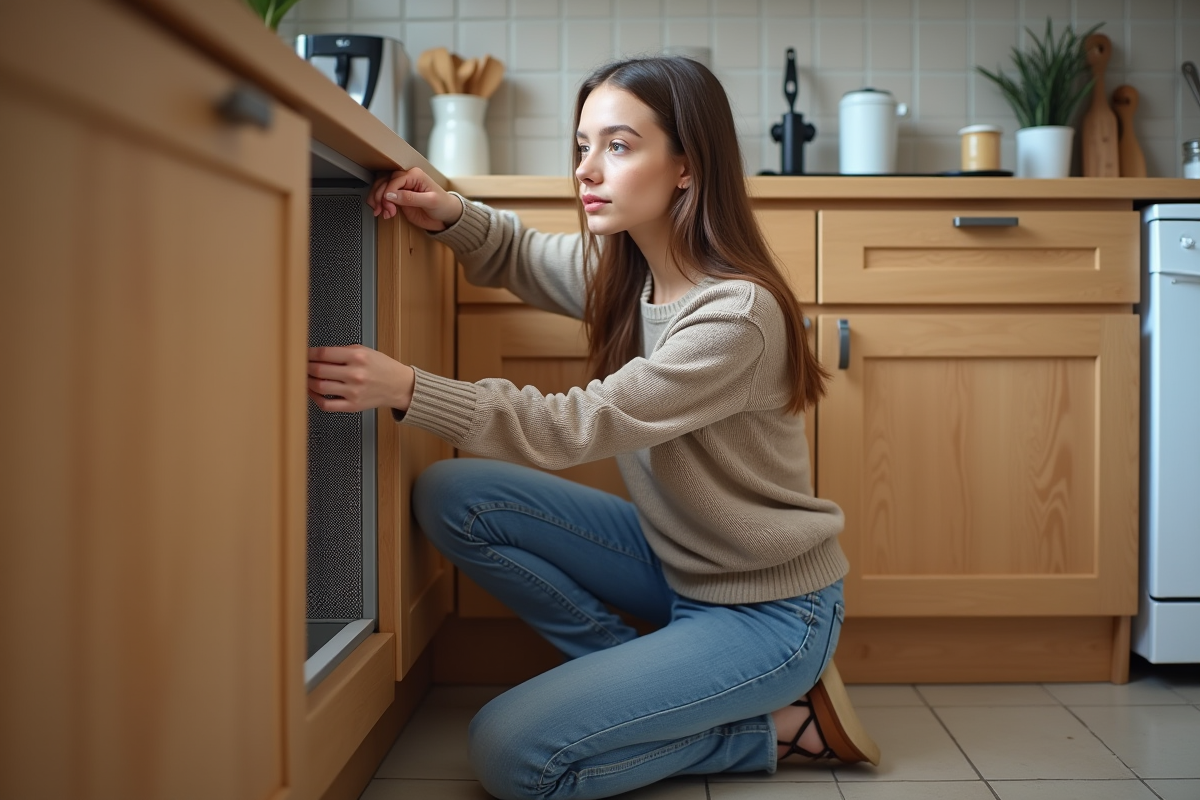 Jeune femme installant un mesh métallique dans la cuisine