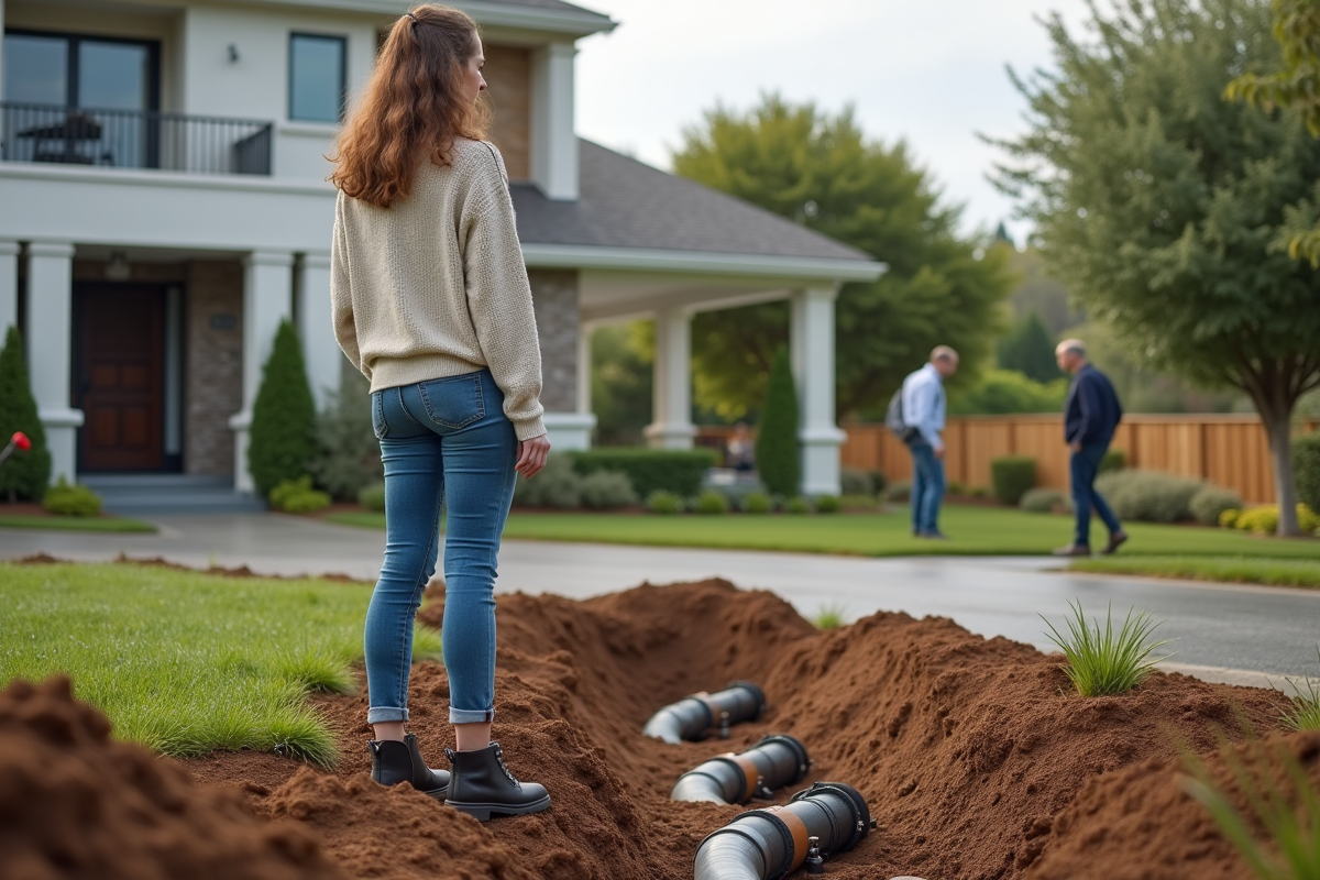 Jeune femme regardant des travaux de plomberie dans le jardin