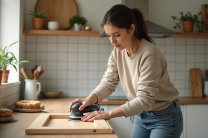Femme en train de poncer un meuble de cuisine à la maison