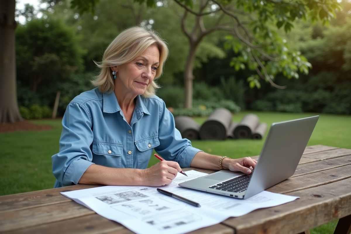 Femme consulte plans de jardinage sur une table en bois