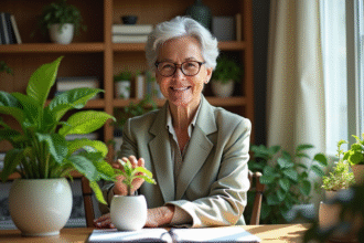 Femme d'âge moyen soignant une plante jade dans son bureau