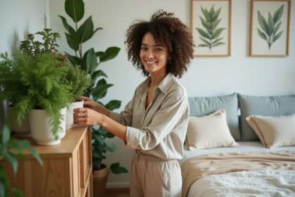 Jeune femme arrangeant des plantes vertes dans une chambre lumineuse