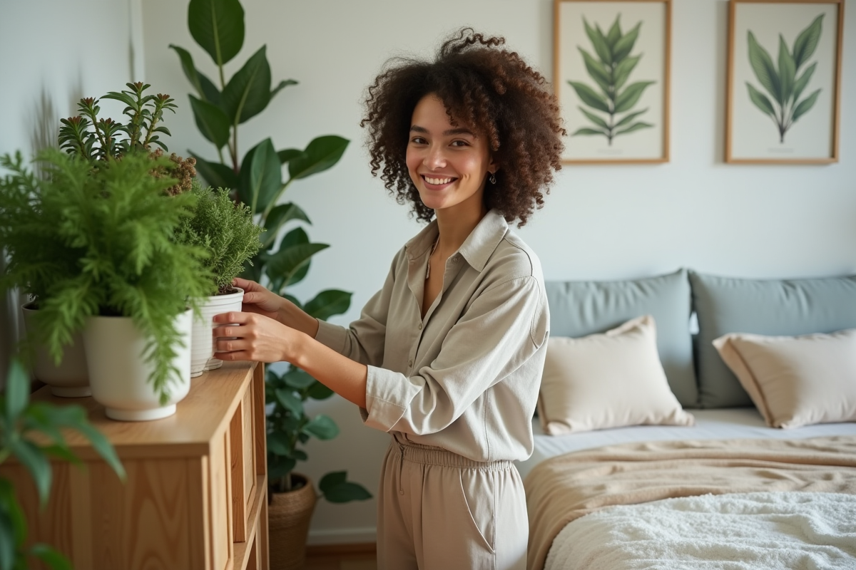 Jeune femme arrangeant des plantes vertes dans une chambre lumineuse