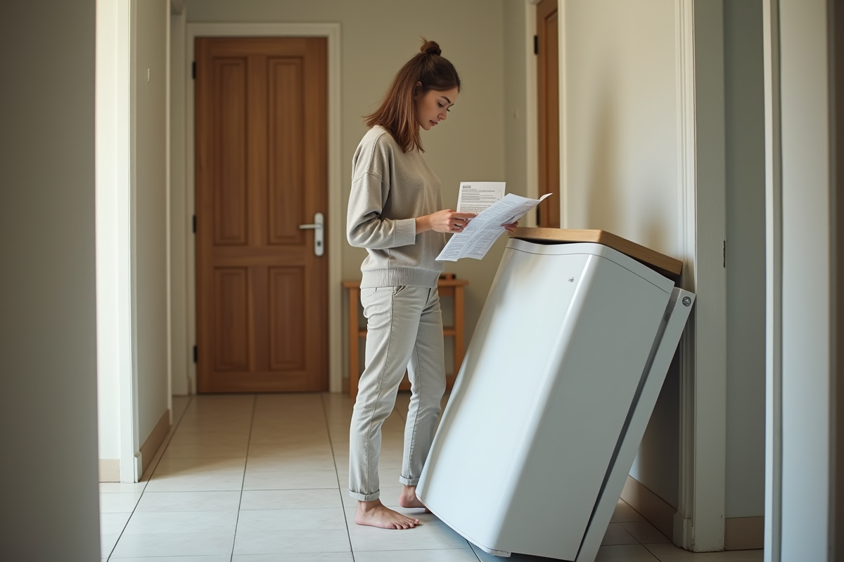 Jeune femme examine un manuel près d un frigo allongé dans un couloir