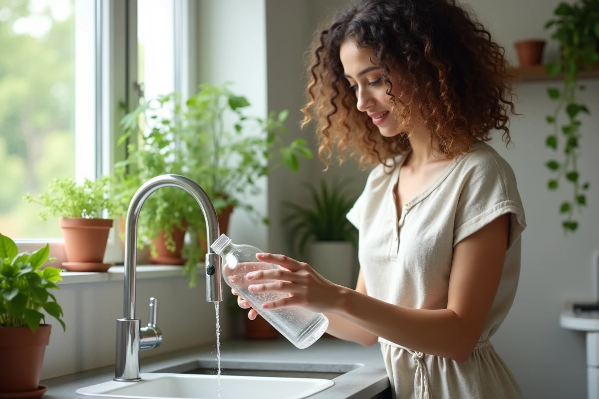 Jeune femme dans une cuisine moderne prépare une bouteille d