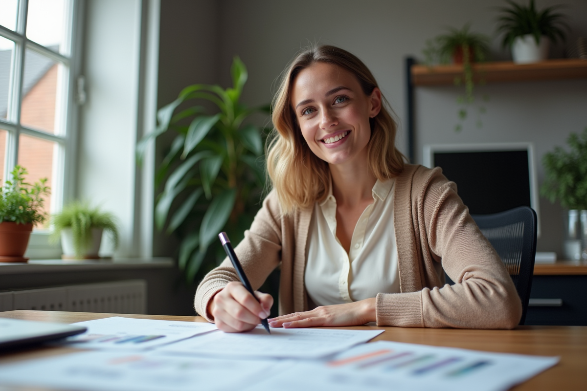 Femme souriante dans un bureau remplit des documents fiscaux