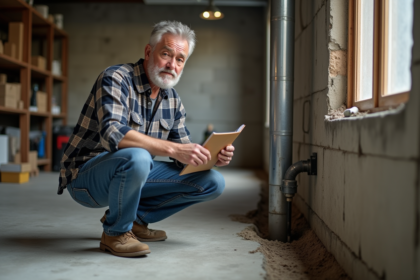 Homme examine une fissure dans un sous-sol propre et organisé