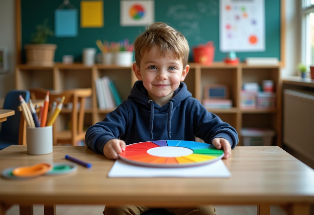 Garçon de huit ans avec roue des couleurs en classe
