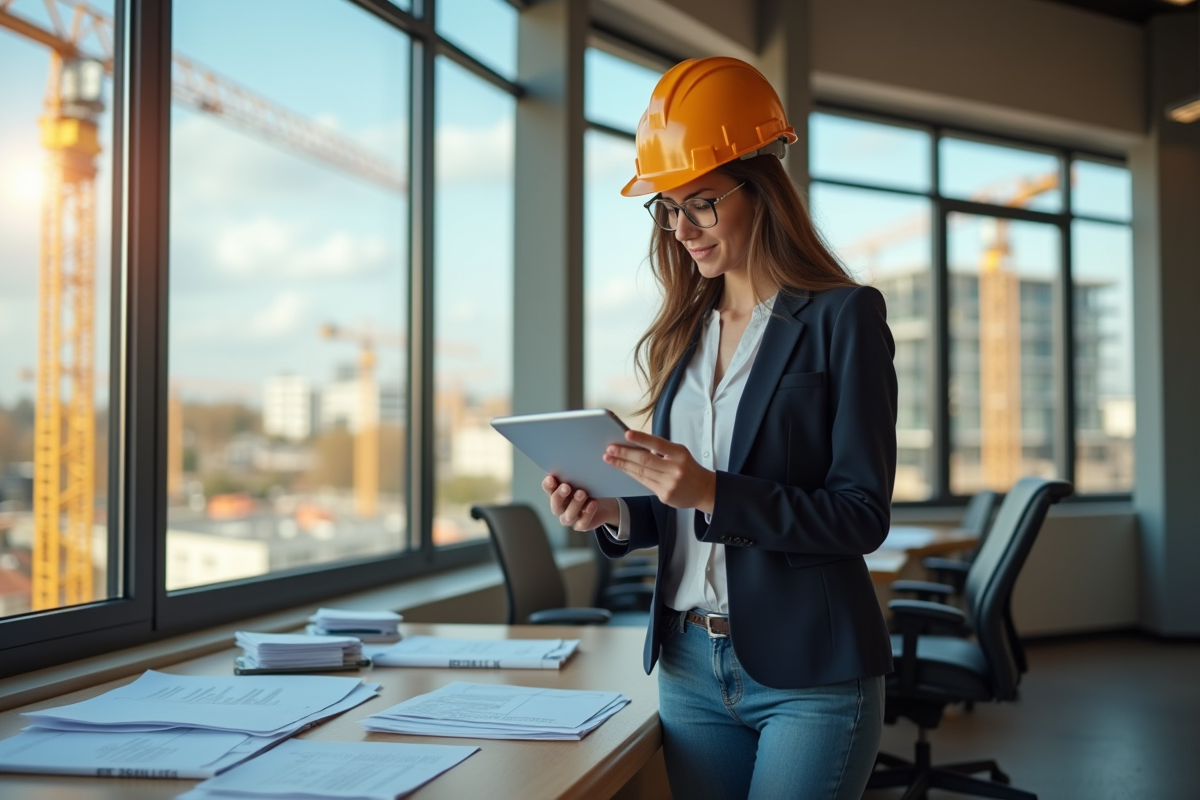 Jeune femme gestionnaire de projet avec tablette sur site