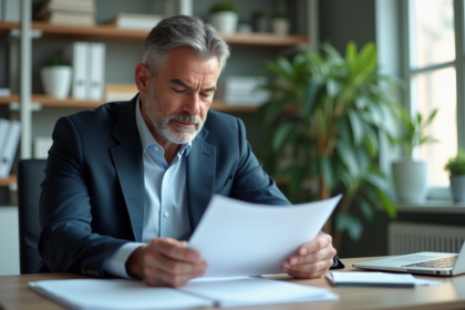 Homme d'affaires en costume examine des documents importants