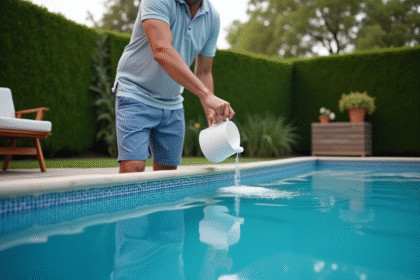 Homme versant du chlore dans une piscine extérieure