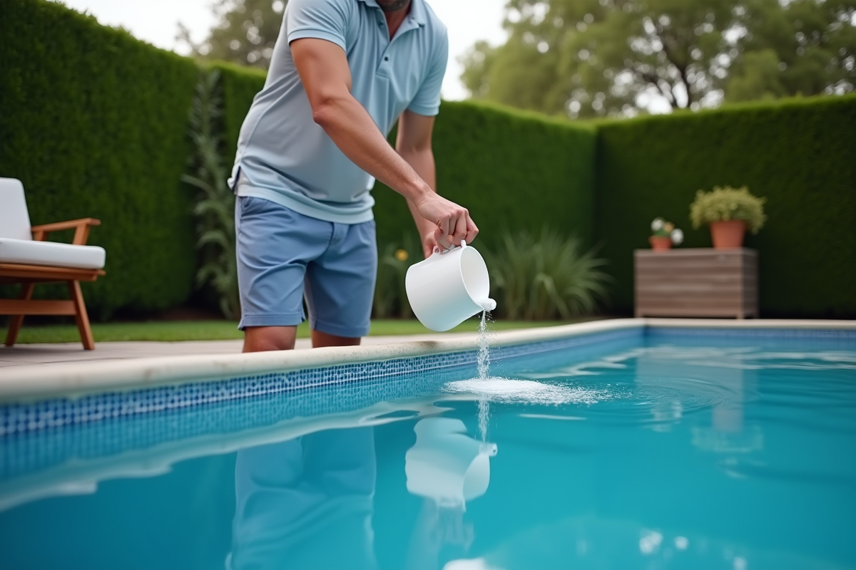Homme versant du chlore dans une piscine extérieure