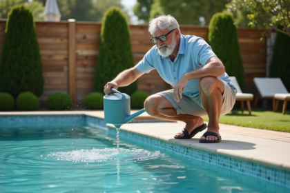 Homme d'âge moyen arrosant la piscine dans le jardin