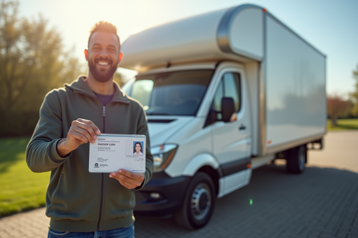Homme tenant son permis à côté du camion de déménagement
