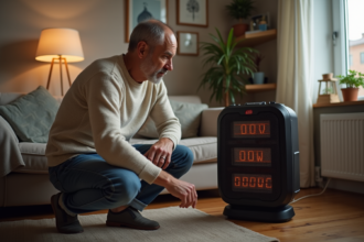 Homme d'âge moyen examinant un chauffage électrique connecté